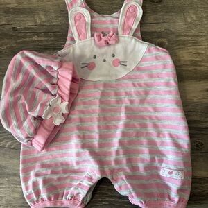 Pink and Gray Striped Bunny Romper with Hat